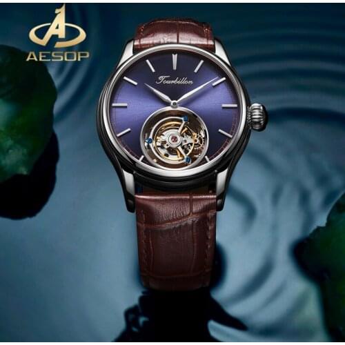AESOP Luxury Genuine Leather Brand Business Men Watch Real Tourbillon Men Mechanical Watches Waterproof Sapphire Glass Watch