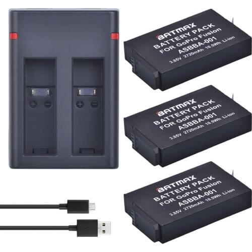 Batmax 3pcs 2720mAh Camera Battery +USB Dual Charger for GoPro ASBBA-001 Battery and Gopro Fusion 360-degree Camera