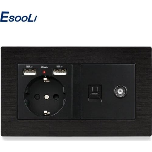 ESOOLI Aluminum Metal Panel EU Standard Electric Socket with 2 USB + RJ45 Internet Jack and Television Port Power Outlet