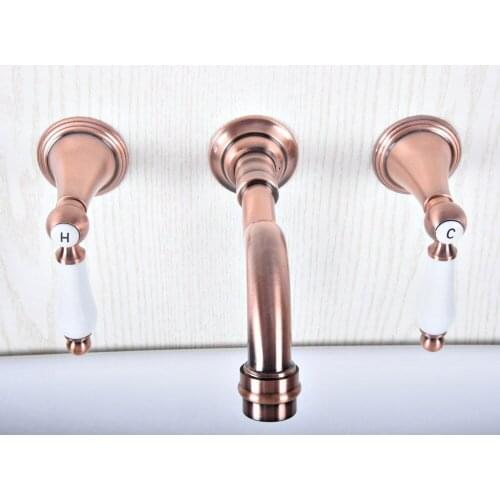 Antique Red Copper Two Ceramic Handle Wall Mount 3 Hole Widespread Bathroom Lavatory Vessel Basin Faucet Sink Mixer Tap dsf507