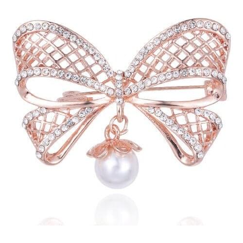 Bow Brooches Crystal Rhinestone Imitation Pearl Brooch Pin Wedding Bride Vintage Fashion Jewelry Winter Accessories