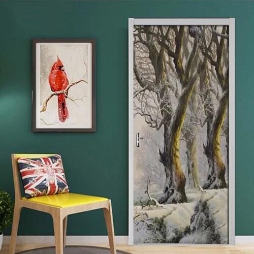 Door Stickers Beautiful Snow Forest Big Tree Waterproof Mural Living Room Bedroom Door Decor Wallpaper PVC Self Adhesive Decals