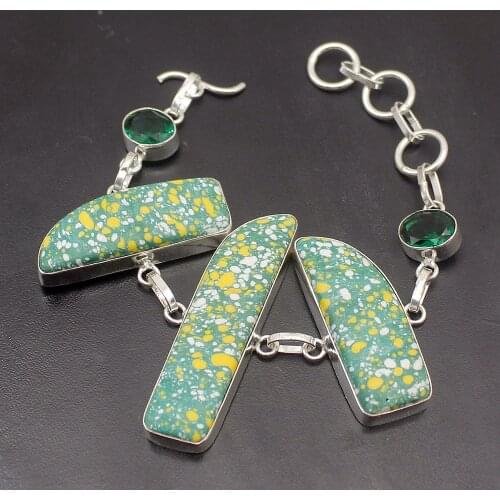 Hermosa Elegant Cute Natural MosaicJasper GreenTopaz Chain Links Bracelets For Women 7.75 Inch A579