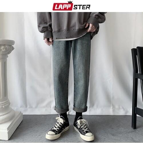 LAPPSTER Men Casual Hip Hop Blue Jeans Pants 2021 Mens Harajuku Vintage Denim Pants Mens Solid Japanese Streetwear Trousers 3XL