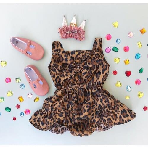 Summer New Fashion Baby Girl’s Casual Suspender Jumpsuits Dresses Leopard Bow Skirt Hem Triangle Rompers For Toddler Infant