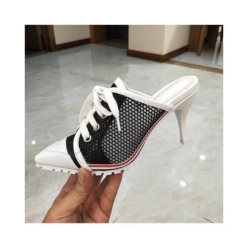 Summer Womens Shoes Sexy Fashion Trend Semi-slippers Mesh Pointed Toe Straps Fine Heel Non-slip Womens Sandals 8cm Slippers