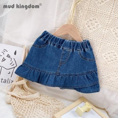 Mudkingdom Girls Denim Skirt Casual Ruffles Pleated Patchwork Elastic Waist Mini Skirts Skorts for Kids Summer Clothing