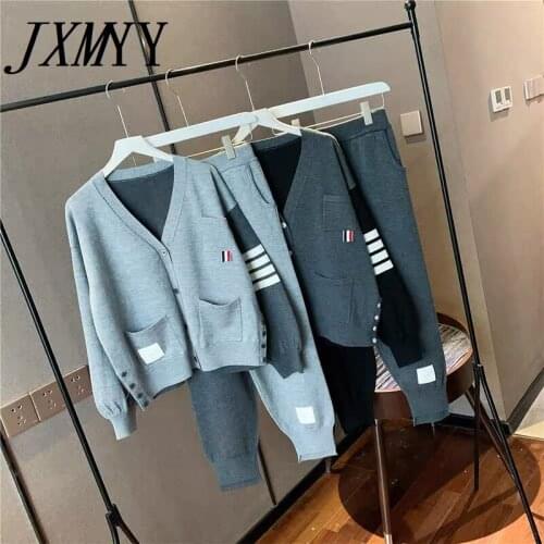 Fashion College Style Four-Bar Color Matching Cardigan Suit Casual Loose Thin Section Comfortable Knitted Sweater Foot Pants