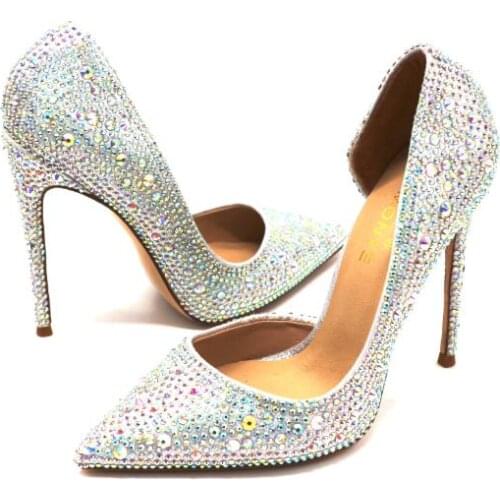 Moraima Snc Luxury Crystal Embellished High Heel Shoes Sexy Pointed Toe Party Wedding heels 12cm Thin heels Pumps Red Silver