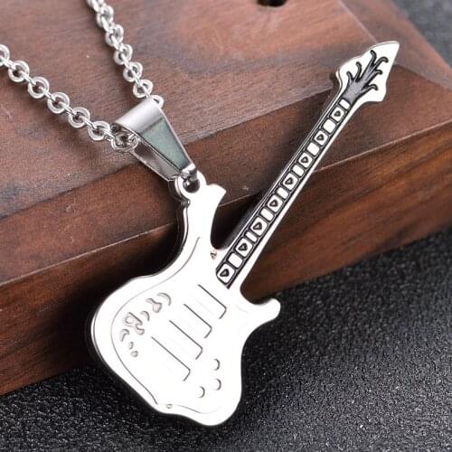 Men Necklaces Fashion Stainless Steel Rock Music Guitar Pendant Chain Jewelry