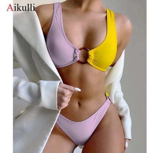 New Contrasting Color Bikini Set 2021 Swimsuit Women Push up Swimwear Summer Female Solid Splicing Biquini Swimming Bathing Suit