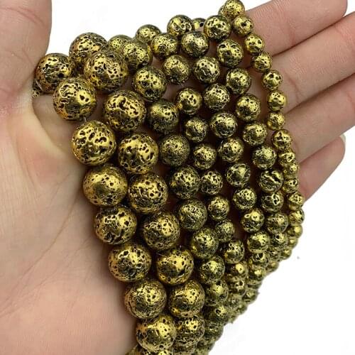MKTREG Natural Wholesale Lava Stone 4/6/8/10/12MM Antique old Gold volcanics Round Loose beads for Jewelry bracelets making DIY