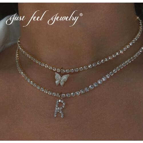 JUST FEEL Silver Color Crystal Letter Pendant Necklace for Women Bling Rhinestone Clavicle Chain New Fashion Charm Jewelry Gift