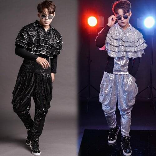 Large Size Sequined Cloak Jacket Harem Pants Male Drum Jazz Modern Dance Costume Party Show Stage Costume Outfit Set XS2221