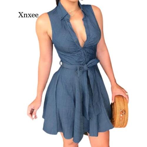 Mini Dress Women Sleeveless Denim Deep V Neck Bodycon Office Women Summer Printing Dress Belted Party Short Summer Clothes