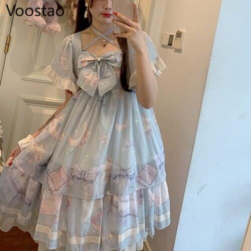 Japanese Style Kawaii Lolita Op Dress Women Cute Bow Star Moon River Sweet Dream Print Princess Dress Girls Tea Party Dresses