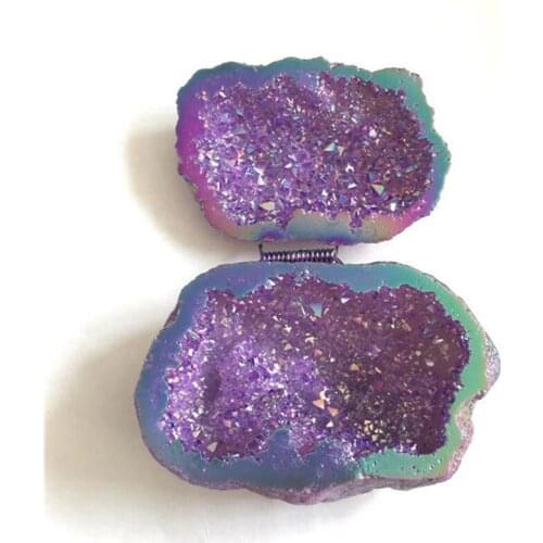 Natural Angel Aura Agate Geode Crystal Hole Mineral Specimen Contains Clean Clusters Electro Plating Titanium Coating