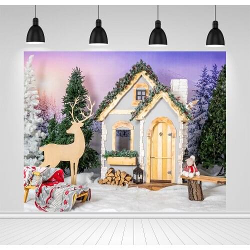 Scopiso Christmas Tree Photography Background Forest Snow Wooden House Sled Baby Portrait Backdrop Photophone for Photo Studio