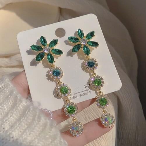 Long Tassel Drop Earrings for Women Bijoux 2021 Green Flower Crystal Dangle Earring Fashion Jewelry Gifts