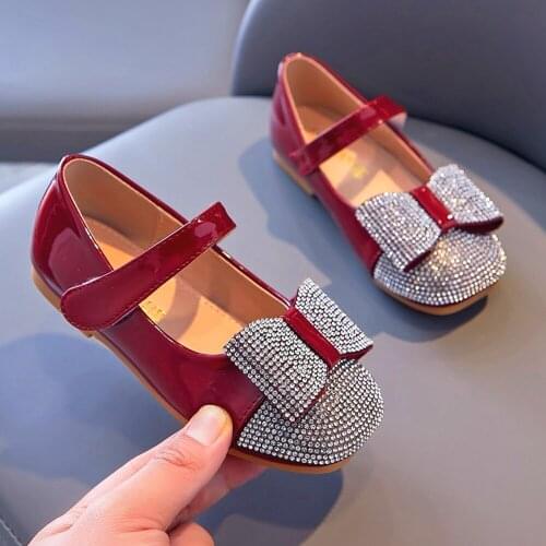 Mary Jane Shoes for Girls Princess Rhinestone Daning Flats Spring Children Burgundy Christmas Footwear Black Halloween Shoes 3t