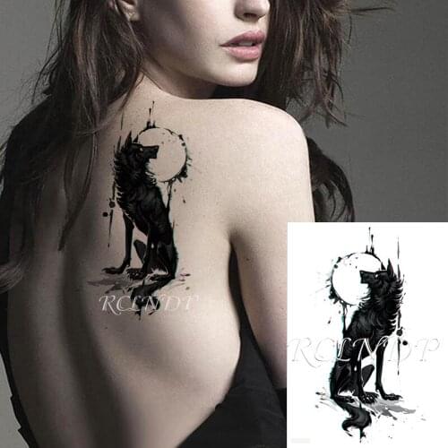 Waterproof Temporary Tattoo Sticker Wolf Staring Moon Big Animal Fake Tatto Flash Tatoo Arm Leg Back Body Art for Men Women