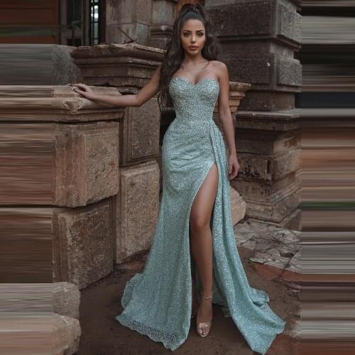 2020 Custom Made Prom Dresses Sequined Beaded Appliques Side Slit Sweetheart Strapless Evening Party Long Gowns