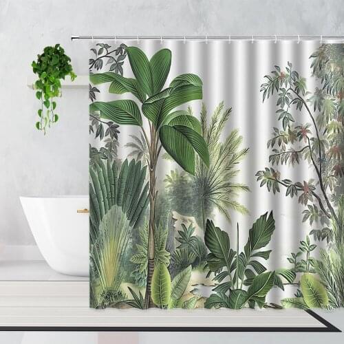 Summer Plant Palm Tree Shower Curtain Green Leaves 3D Printing Background Waterproof Bathroom Screen Bath Curtains Set With Hook