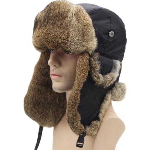 THD17-02 New Fashion Fur Cap Bomber Hats Winter Warmth Mens Rabbit Fur Caps Thickened Ear Guard Cap Real Fur Hat