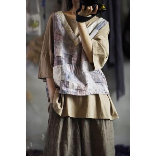 Women Summer V Neck patchwork Retro Tanks Tops Ladies Spliced Ramie Tops Female Sleeveless Tops Tanktops 2021