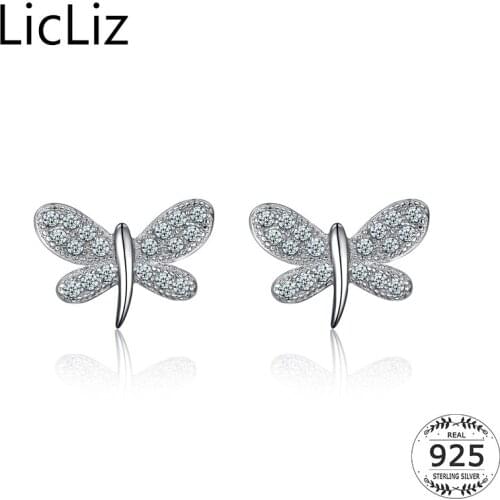 LicLiz 925 Sterling Silver Butterfly Stud Earrings For Women Charm Insect Ear Studs Pierced Cubic Zirconia Earring Posts LE0353