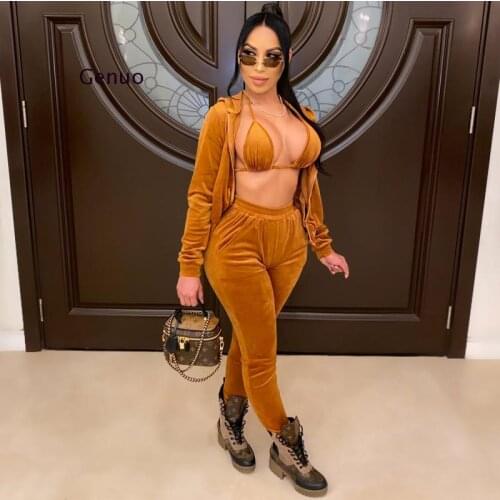Long Sleeve Womens Set Gold Velvet Sexy 3 Two Piece Set Bar Top Cloak Leggings Pants Set Suit Outfit Fashion Tracksuit