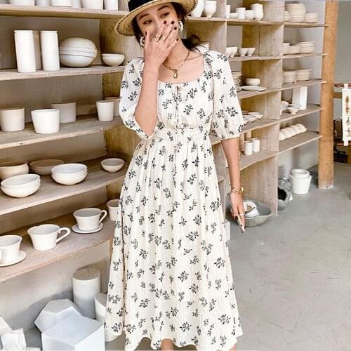 Johnature 2021 New Print Square Collar Dresses Summer Korean Loose Elastic Waist Puff Sleeve Bohemian Women Dress