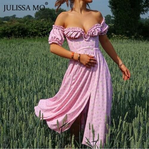 JULISSA MO Pink Floral Print Long Party Dress Summer Off Shoulder Ruffles Dresses Sexy Backless Split Beach Boho Dress Vestidos
