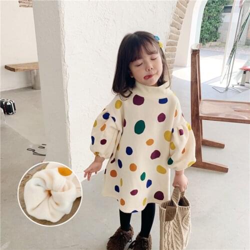 Winter Toddler Girls Thick Dress New Arrival Girls Fashion Dots Turtleneck Plus Velvet Dress Baby Korean Warm Dress Kids Clothes