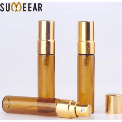100 Pcs/Lot Trial Pack 5ML SPRAY BOTTLE Amber Refillable Perfume Bottle Gold Spray Bottle Atomizer Brown Cosmetic Container Case