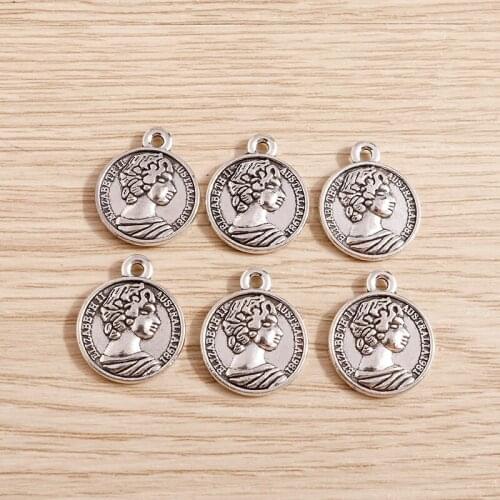 10pcs 20*23mm Vintage Coin Portrait Charms for Jewelry Making Antique Silver Color Charms DIY Necklaces Pendants Earrings