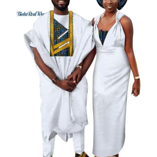 2021 African Couple Clothing for Men Robe+Pant Set plus African Women Dress with Head wrap Ankara Lover Couple Clothes WYQ722