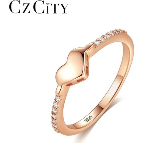 CZCITY Rose Gold Plated Classic Heart Wedding Rings for Women Petite Zircon 925 Sterling Silver Female Love Rings Fine Jewelry