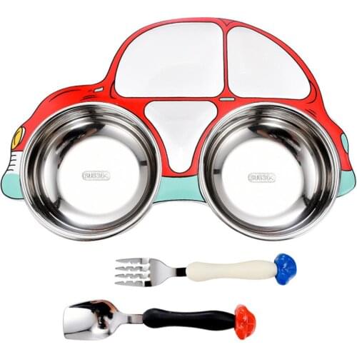 Stainless Steel Cartoon Car Baby Divided Plate Plate Dinner Plate ChildrenS Complementary Food Bowl Rice Fork Spoon Bowl