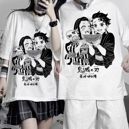 Harajuku Anime Demon Slayer Kimetsu No Yaiba Short Sleeve Hashibira Inosuke Kamado Nezuko Kamado Tanjirou Funny Couple T-shirt