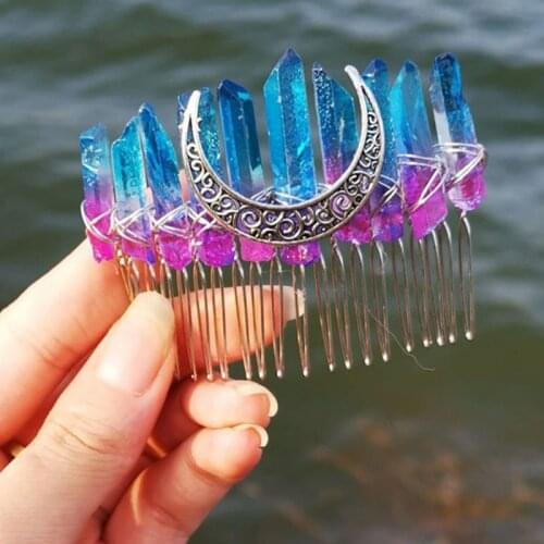 Gradient Rainbow Faux Raw Crystal Hair Comb Angel Aura Bridal Wedding Hairpin Jewelry Alloy Moon Boho Tiara Crown Stick 19 Color