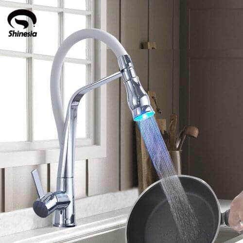 Shinesia Chrome Polish LED Kitchen Faucet Pull Down Sprayer Single Handle Mixer Tap Sink Faucet 360 Rotation Kitchen Faucets