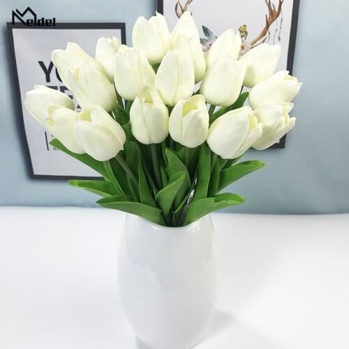 Meldel Tulip Flower Wedding Bouquet Bride Bridesmaid Artificial PU Tulip Flowers White Yellow DIY Home Party Prom Wedding Decor