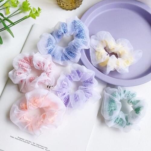 Korea Women Elastic Kawaii Lace Hair Bands Tie Girls Mesh Scrunchie Ponytail Transparent Rainbow Plaid Hair Accessories Headwear