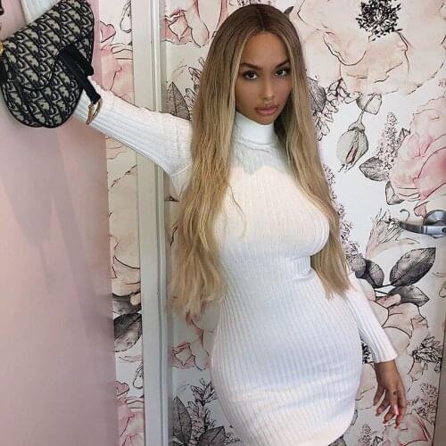 Bodycon Dress Women Solid Autumn Fashion Casual Streetwear Mini Dress 2020 Turtleneck Long Sleeve Skinny Elastic Sexy