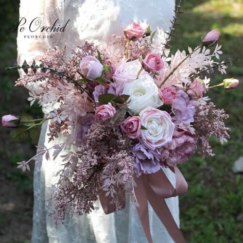 PEORCHID Vintage Pink Wedding Bouquet De fleur Mariage Rose Artificielle Brides Flowers Bridal Bouquet Luxurious 2021
