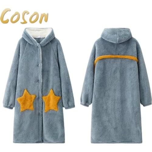 COSON Winter Warm Hooded Women Homewear Thick Cashmere Mid Long Pajamas Women Fashion Loose Outwear Cute Lady Sleepwear Homewear