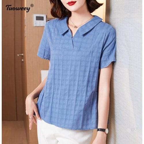 2021 New Summer Middle Aaged Women Korean turn down collar tshirt Tops Female solid office Fashion Loose Plus Size 5xl Shirt