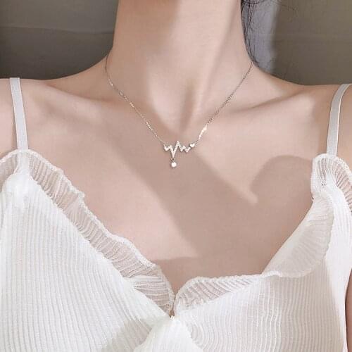 925 Sterling Silver Heartbeat Pendant Necklace for Women Wave Sparkling CZ Clavicle Chain Necklace Jewelry Gifts S-N147