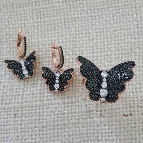 Silver Set 925 Silver Black Butterfly Ring Earing Necklace Set